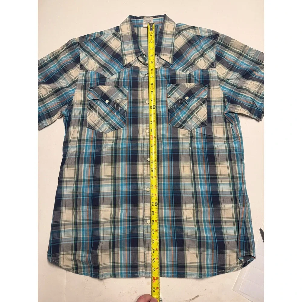 True Religion Mens XXXL Blue Plaid Western Snap Short Sleeve Shirt Horseshoe